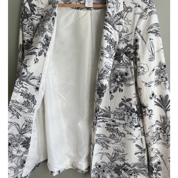 H by HALSTON Medium Linen Blend Blazer Jacket Cream Black Tropical Print Office - Picture 6 of 16